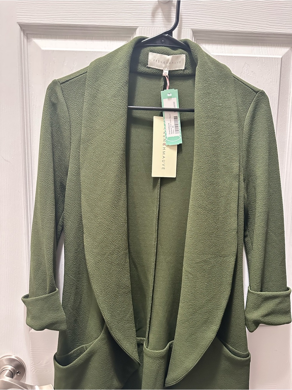 French Mauve Olive Green Open-Front Shawl Collar Blazer